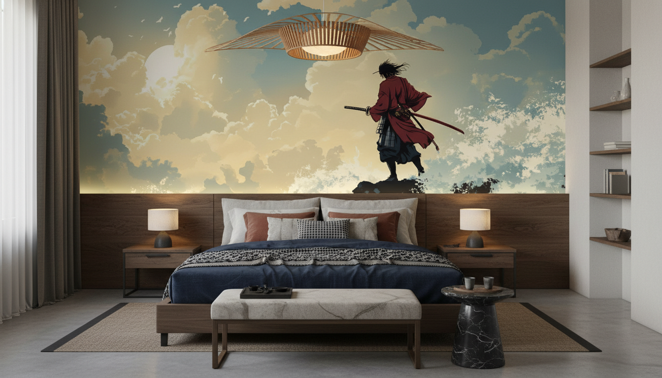 Samouraï Solitaire sur Vagues Tumultueuses au Coucher de Soleil - Chambre adulte