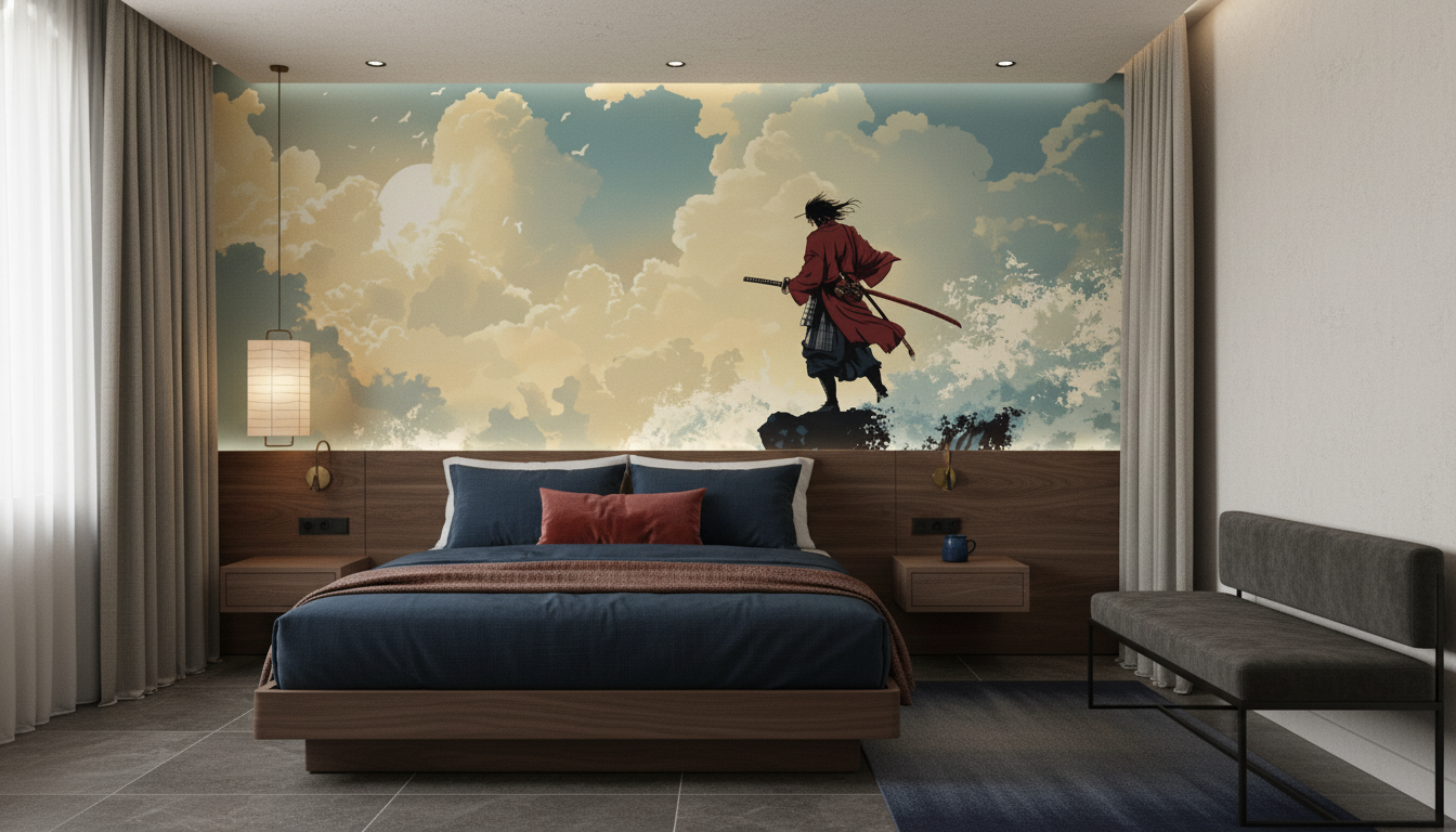 Samouraï Solitaire sur Vagues Tumultueuses au Coucher de Soleil — Hôtel