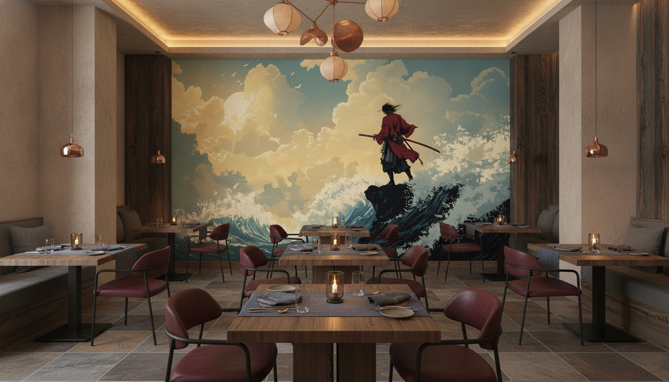 Samouraï Solitaire sur Vagues Tumultueuses au Coucher de Soleil - Restaurant