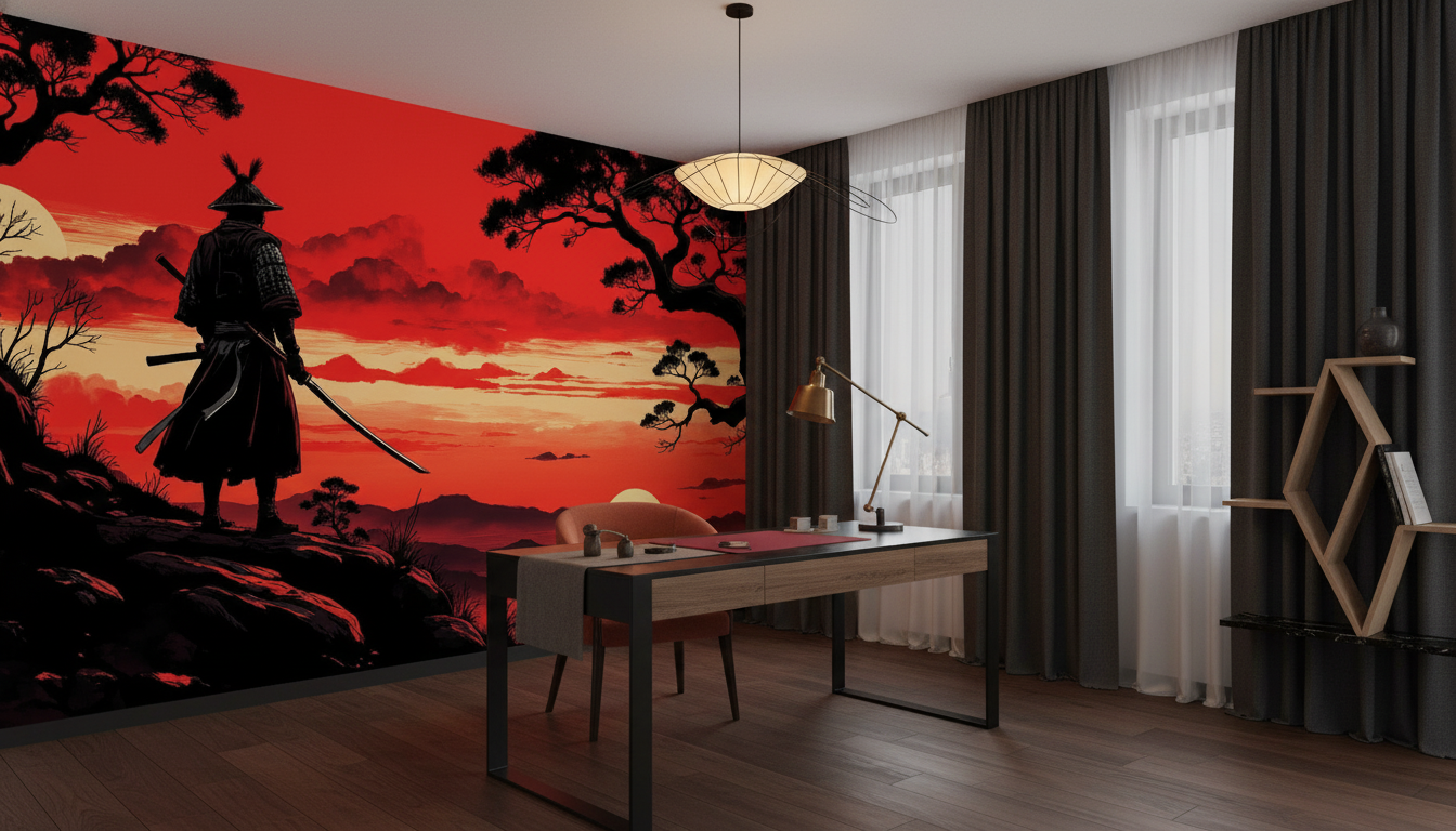 Samuraï au Coucher de Soleil Rouge Style Japonais Traditionnel - Bureau