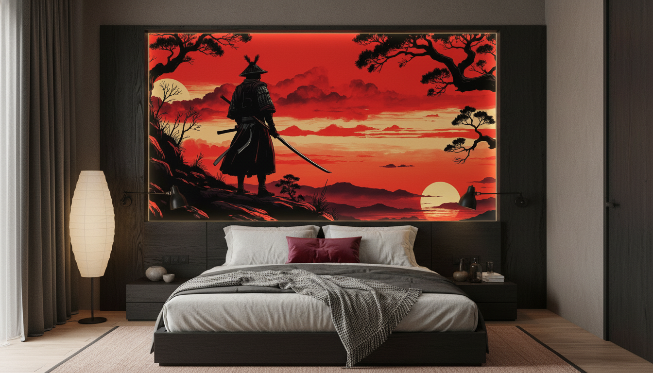 Samuraï au Coucher de Soleil Rouge Style Japonais Traditionnel - Chambre adulte