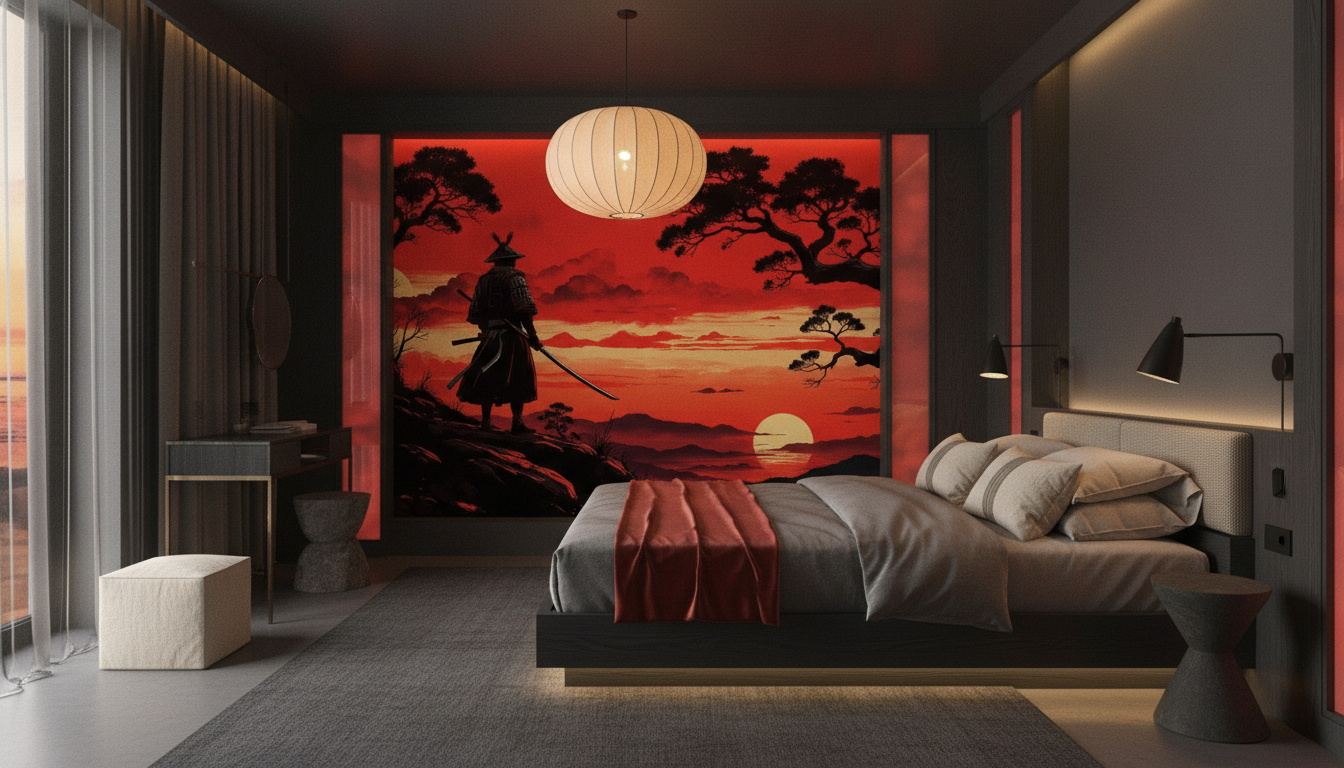 Samuraï au Coucher de Soleil Rouge Style Japonais Traditionnel — Hôtel