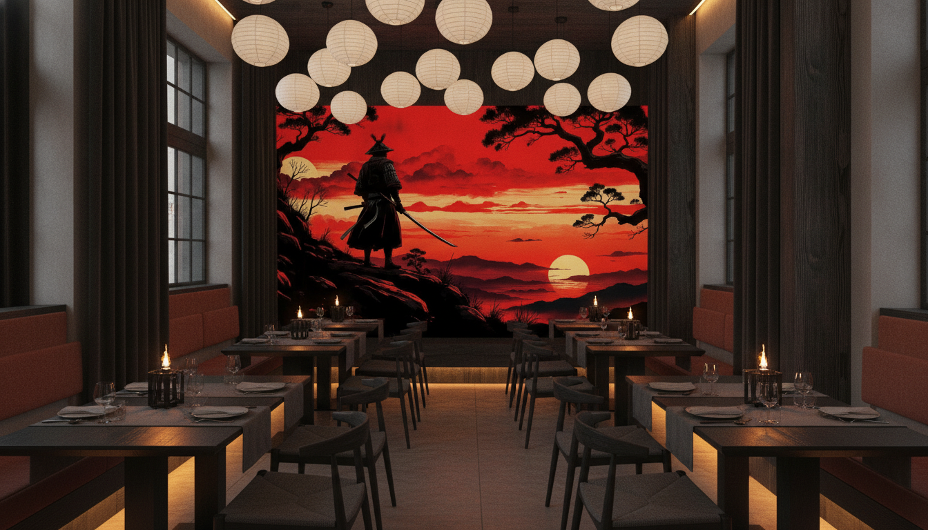 Samuraï au Coucher de Soleil Rouge Style Japonais Traditionnel - Restaurant
