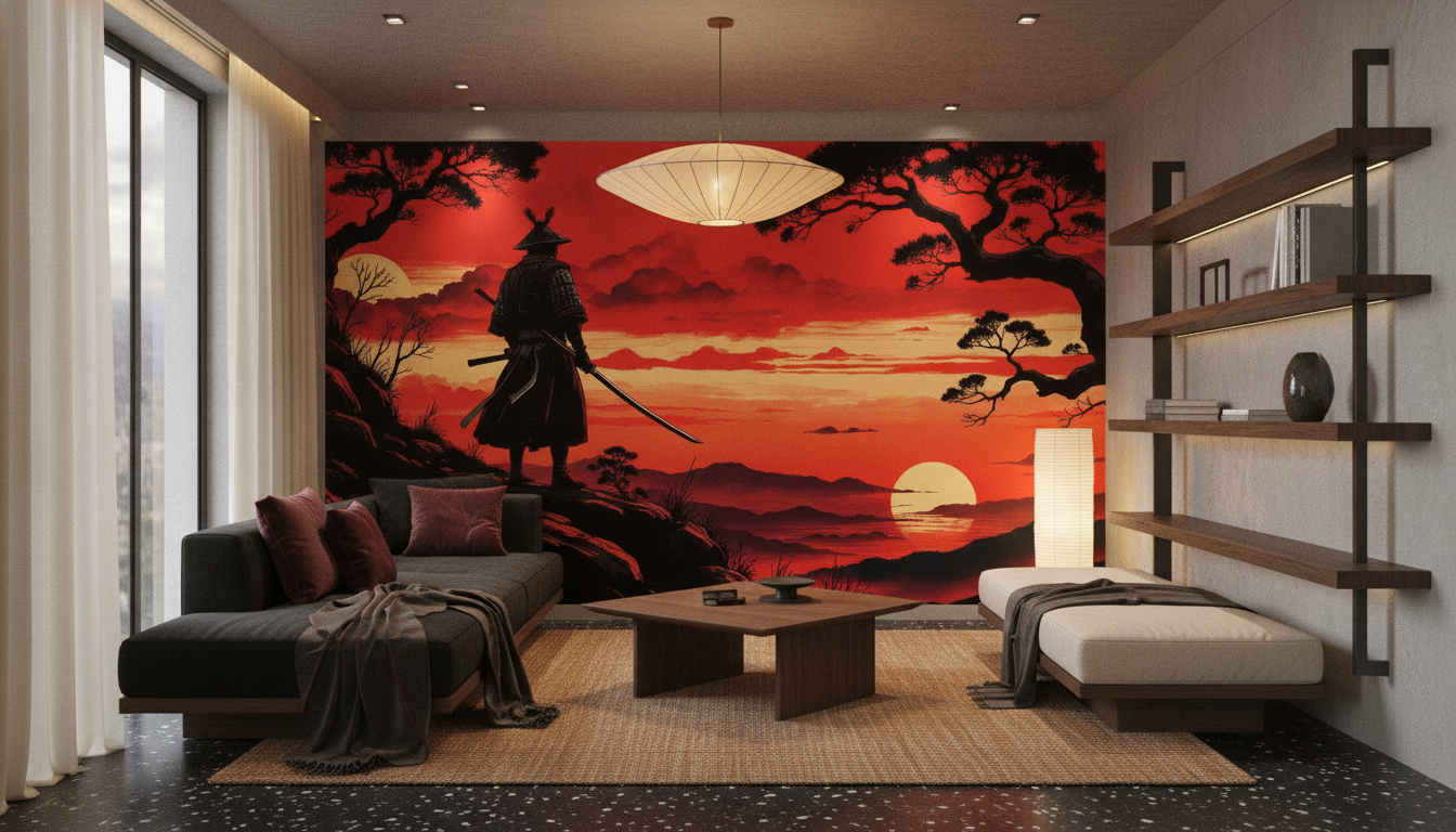 Samuraï au Coucher de Soleil Rouge Style Japonais Traditionnel - Salon / Séjour