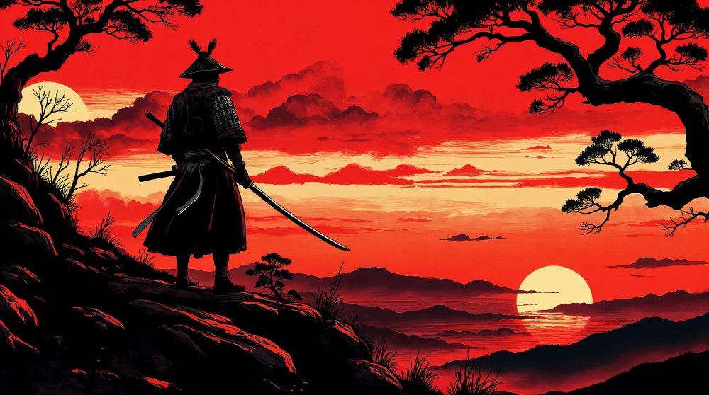 Samuraï au Coucher de Soleil Rouge Style Japonais Traditionnel