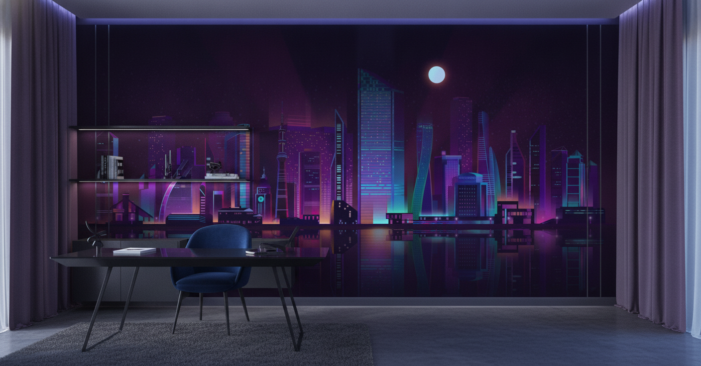 Skyline futuriste néon violet bleu nuit reflets aquatiques urbains - Bureau