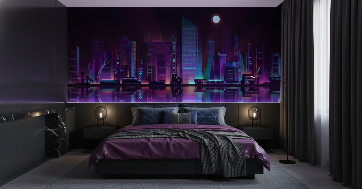 Skyline futuriste néon violet bleu nuit reflets aquatiques urbains - Chambre adulte
