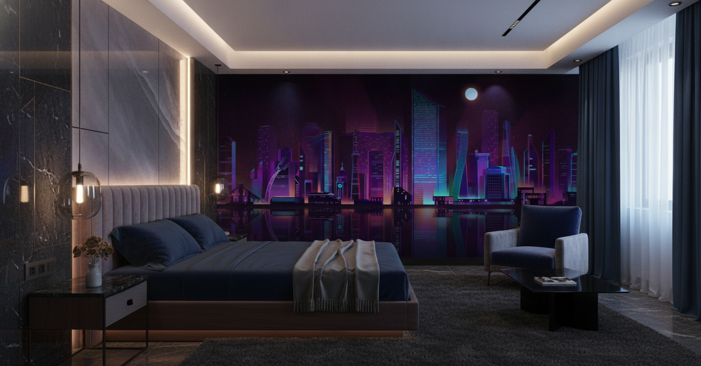 Papier Peint Skyline Futuriste Néon Violet Reflets Nocturnes — Hôtel