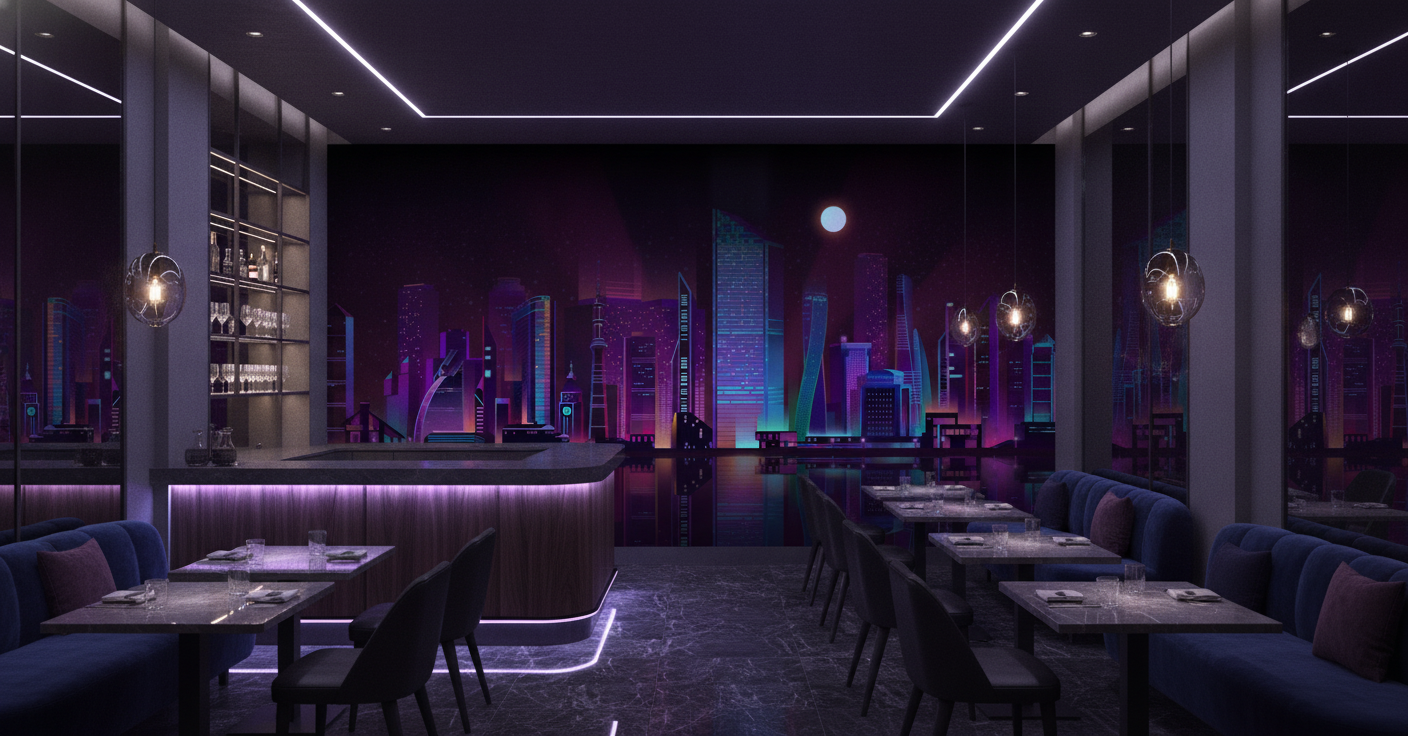 Skyline futuriste néon violet bleu nuit reflets aquatiques urbains - Restaurant