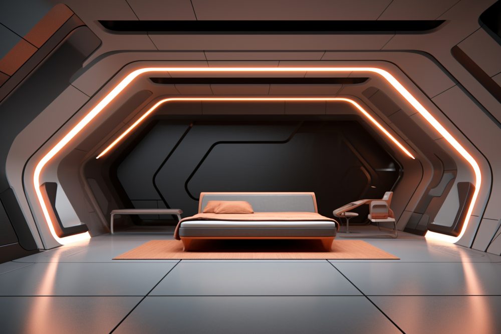 Papier Peint Chambre Futuriste Architecture LED Orange et Gris