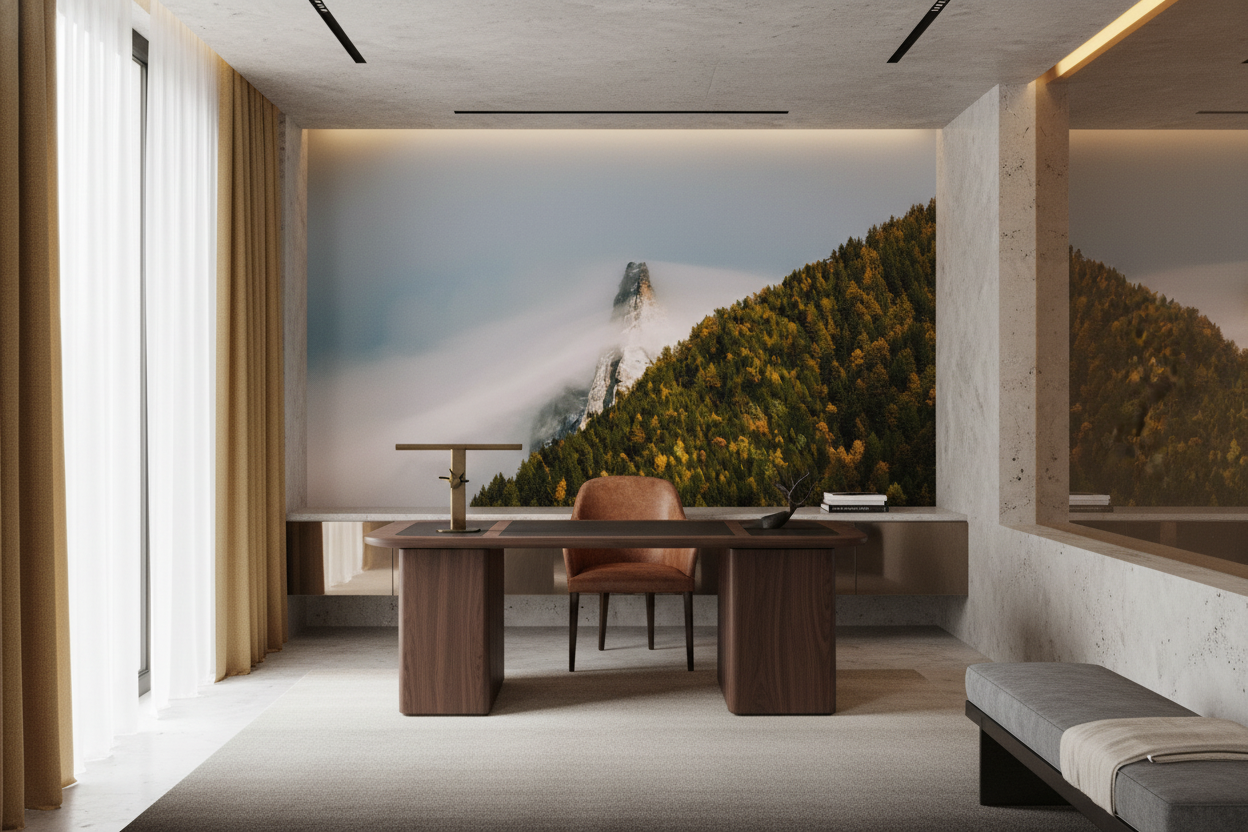 Sommet rocheux dans les nuages avec forêt dorée automnale - Bureau