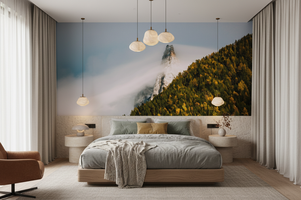 Sommet rocheux dans les nuages avec forêt dorée automnale - Chambre adulte