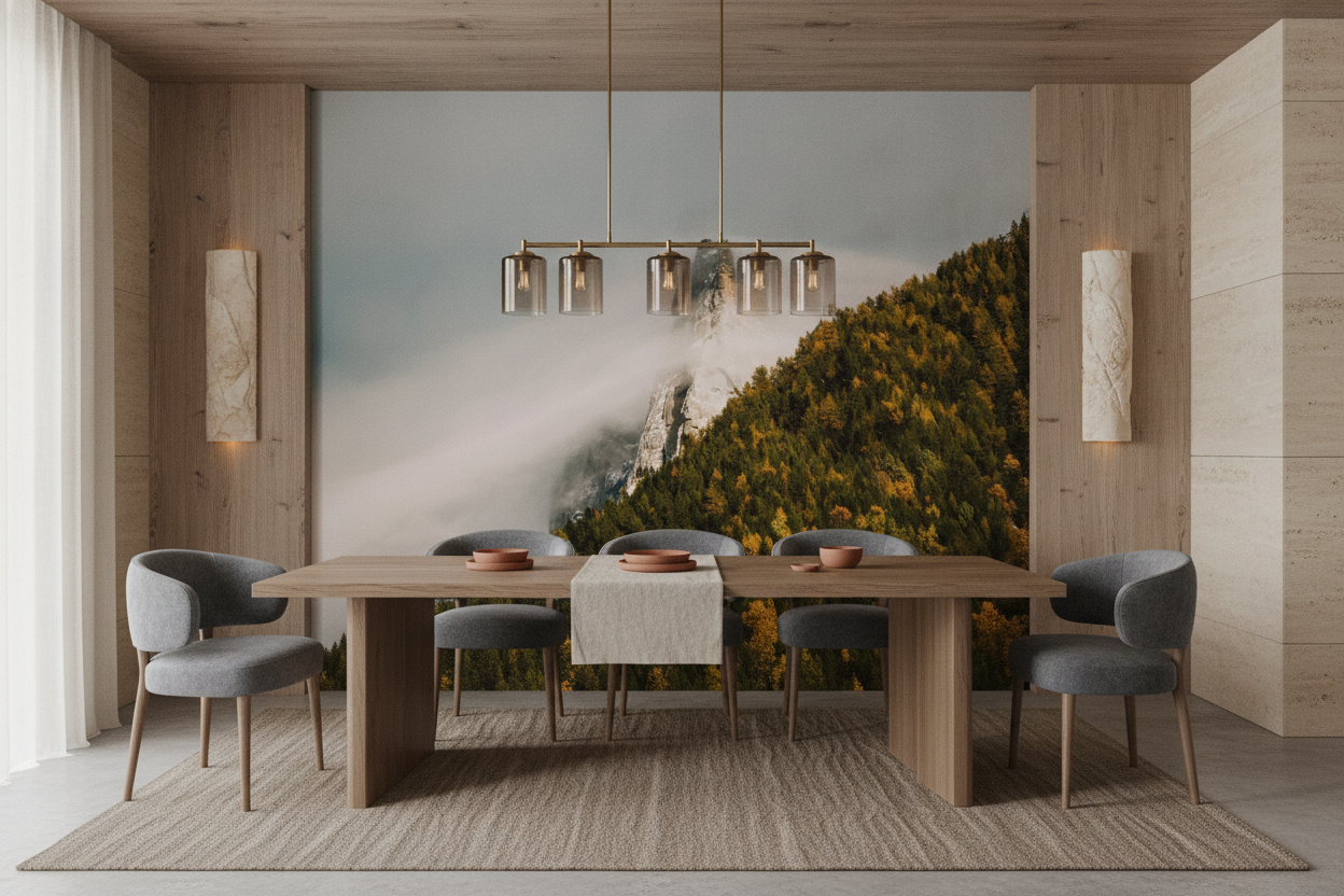 Sommet rocheux dans les nuages avec forêt dorée automnale - Salle à manger