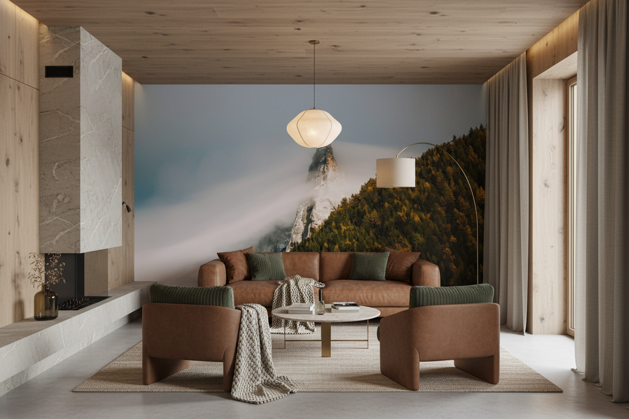 Sommet rocheux dans les nuages avec forêt dorée automnale - Salon / Séjour