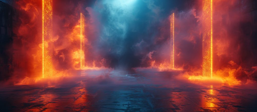 Papier Peint Panoramique Colonnes Cosmiques Orange Bleu Futuriste