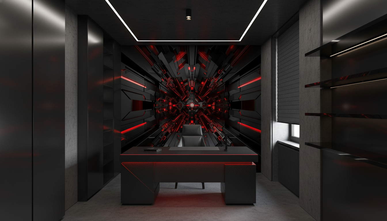 Tunnel Futuriste Géométrique avec Éclairages Rouges Cyberpunk Moderne - Bureau