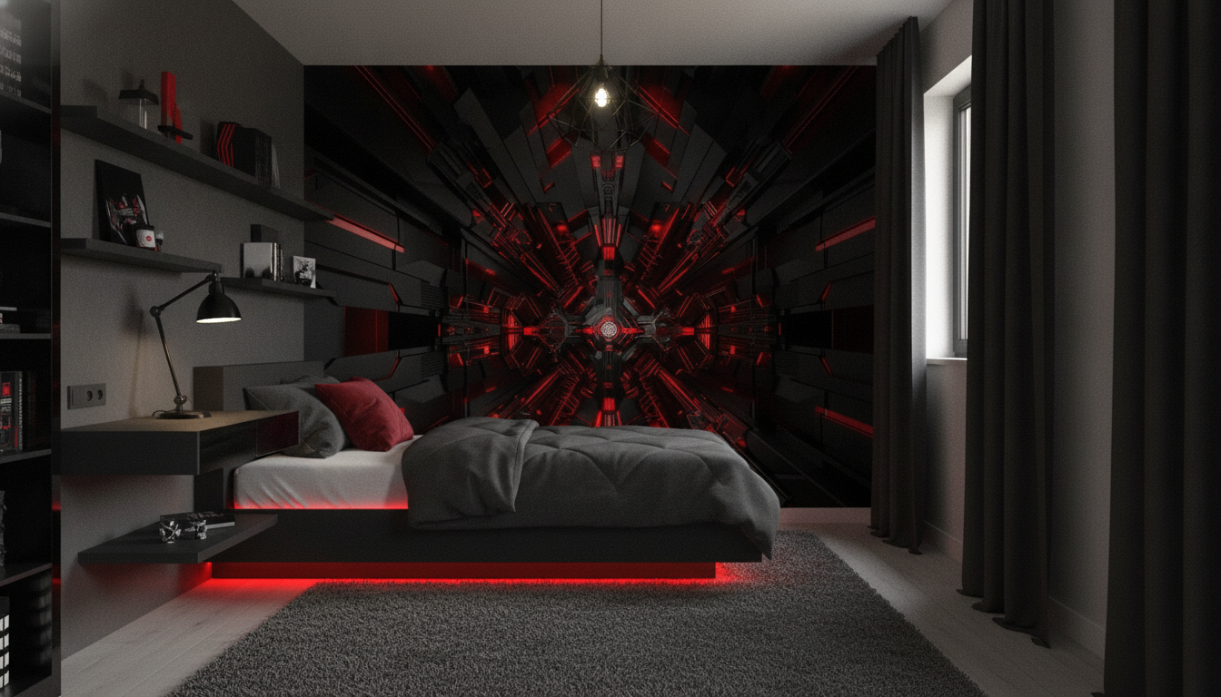 Tunnel Futuriste Géométrique avec Éclairages Rouges Cyberpunk Moderne - Chambre ado
