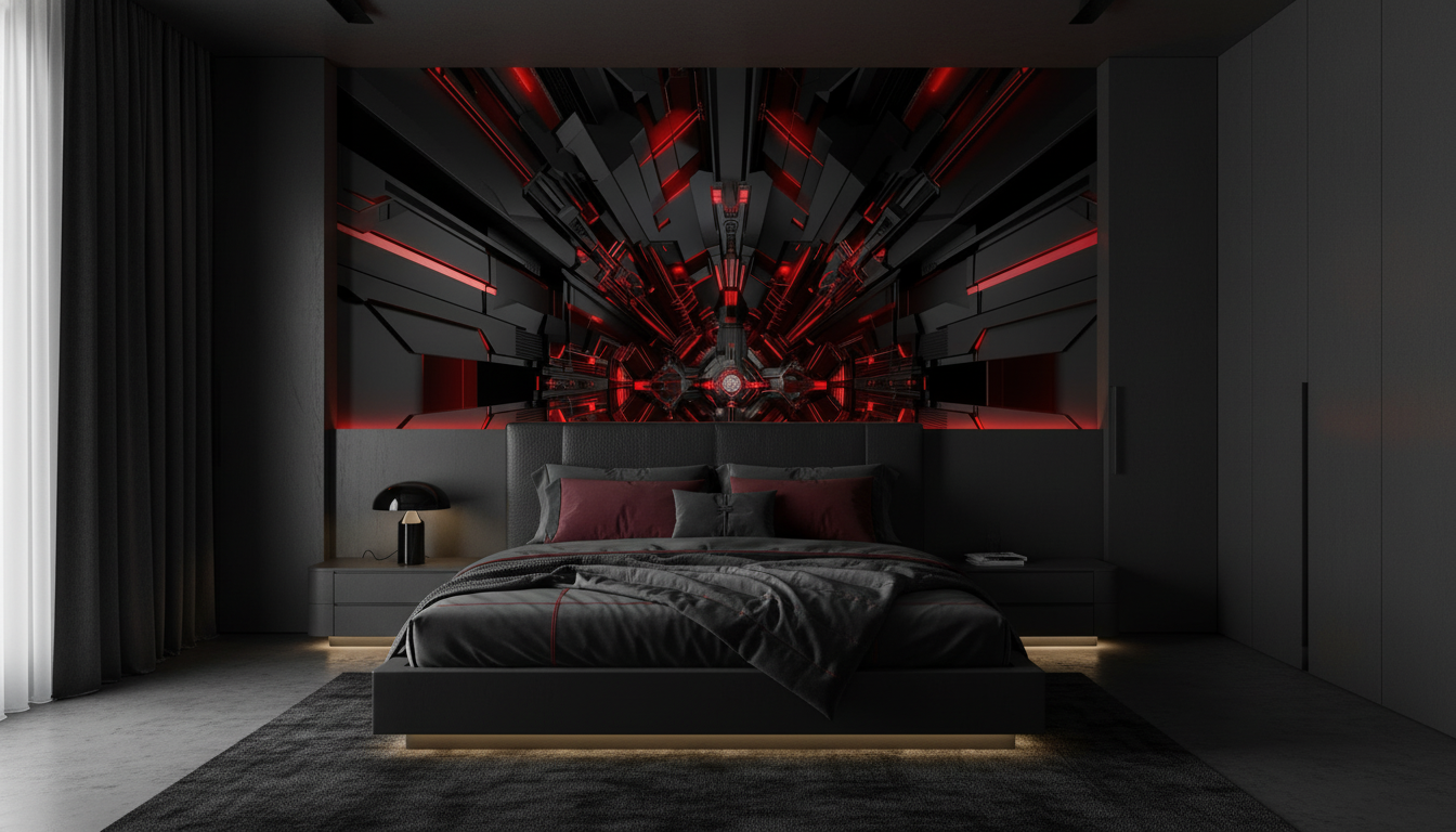 Tunnel Futuriste Géométrique avec Éclairages Rouges Cyberpunk Moderne - Chambre adulte
