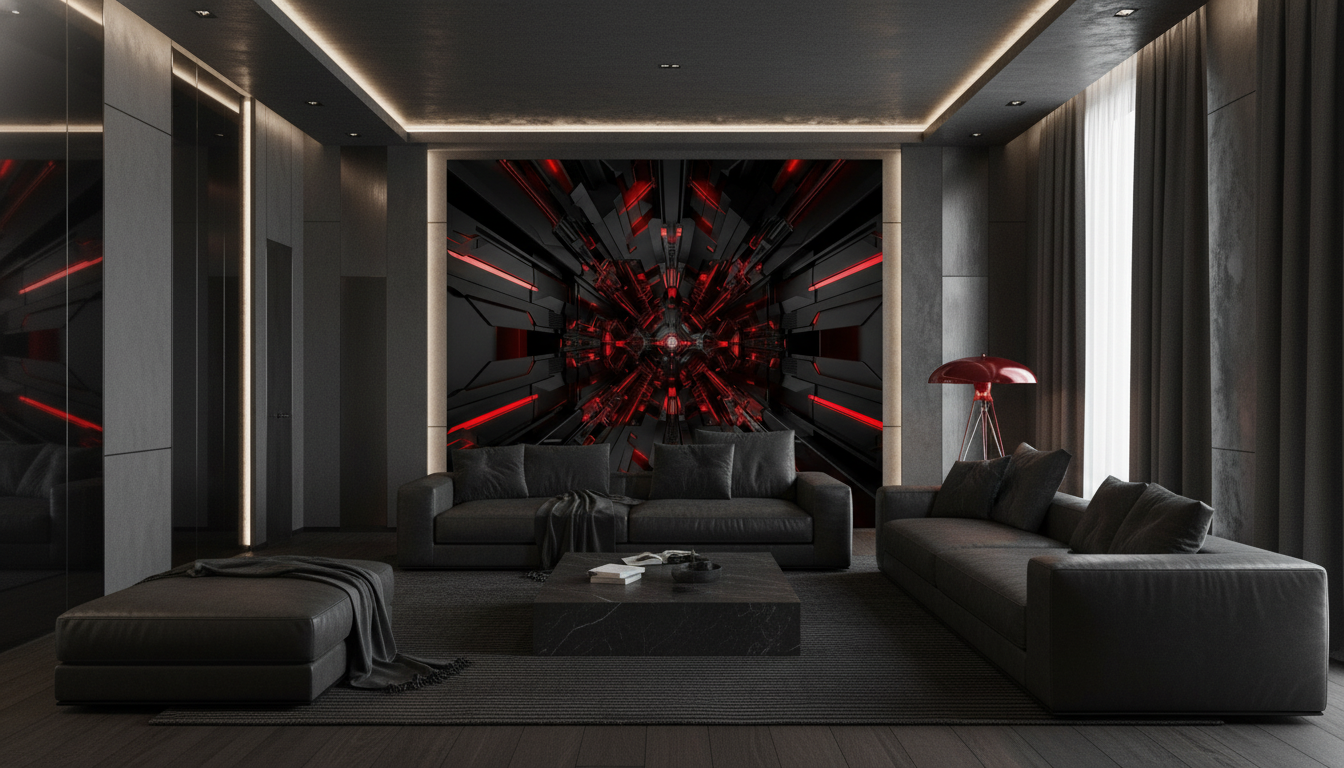 Tunnel Futuriste Géométrique avec Éclairages Rouges Cyberpunk Moderne - Salon / Séjour