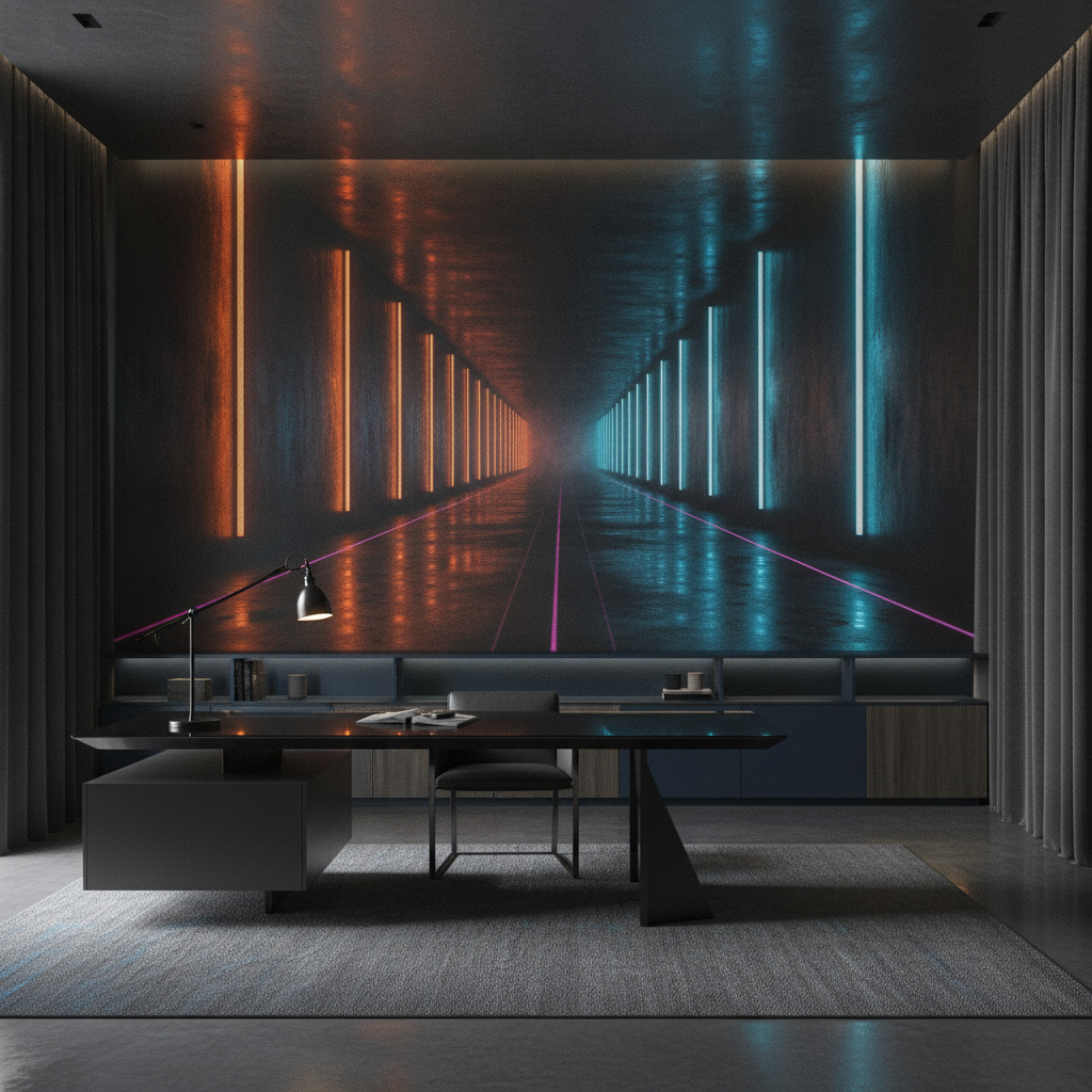 Papier Peint Tunnel Cyberpunk Néon Bleu Orange Perspective 3D — Bureau