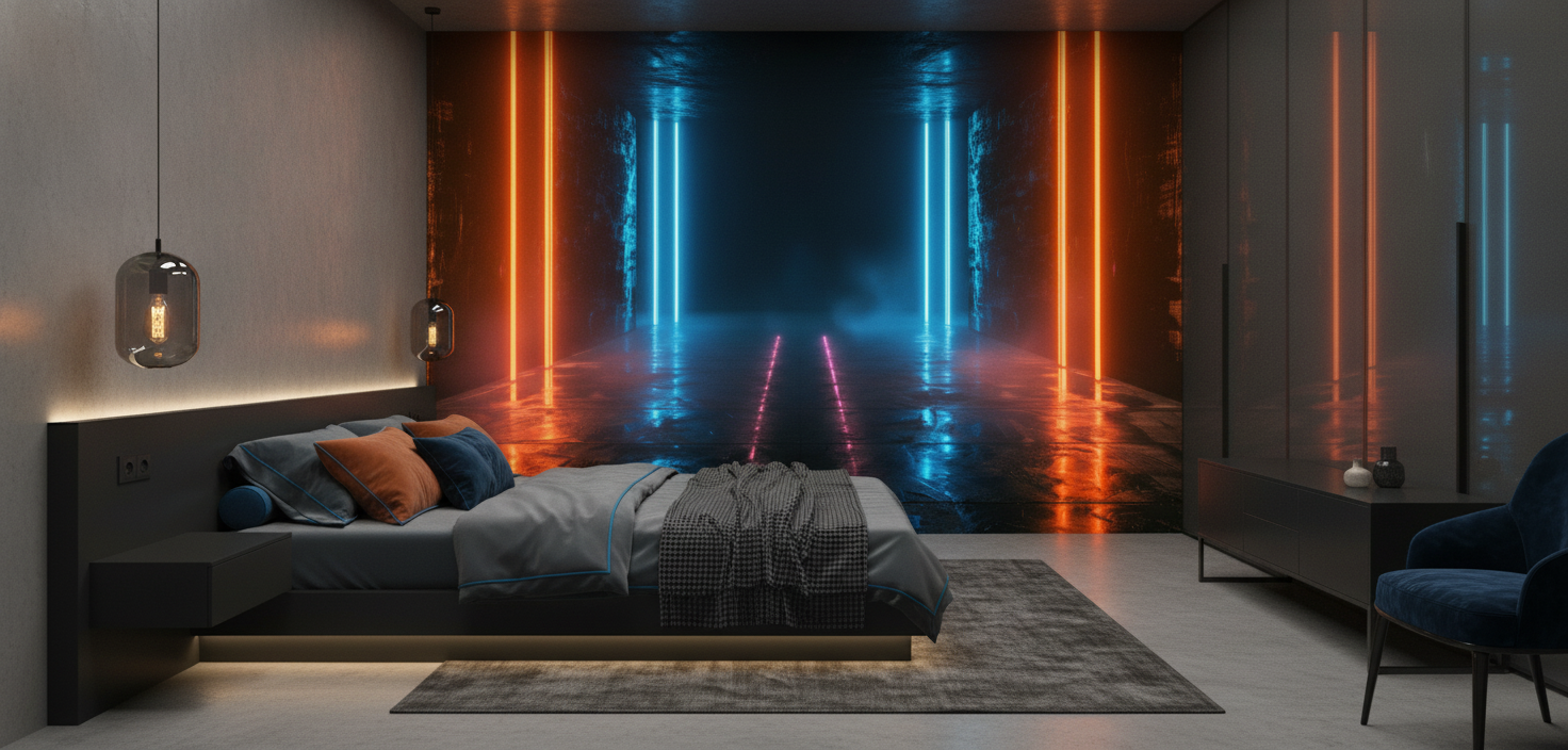 Tunnel Futuriste Néon Bleu Orange Ambiance Cyberpunk Moderne - Chambre adulte