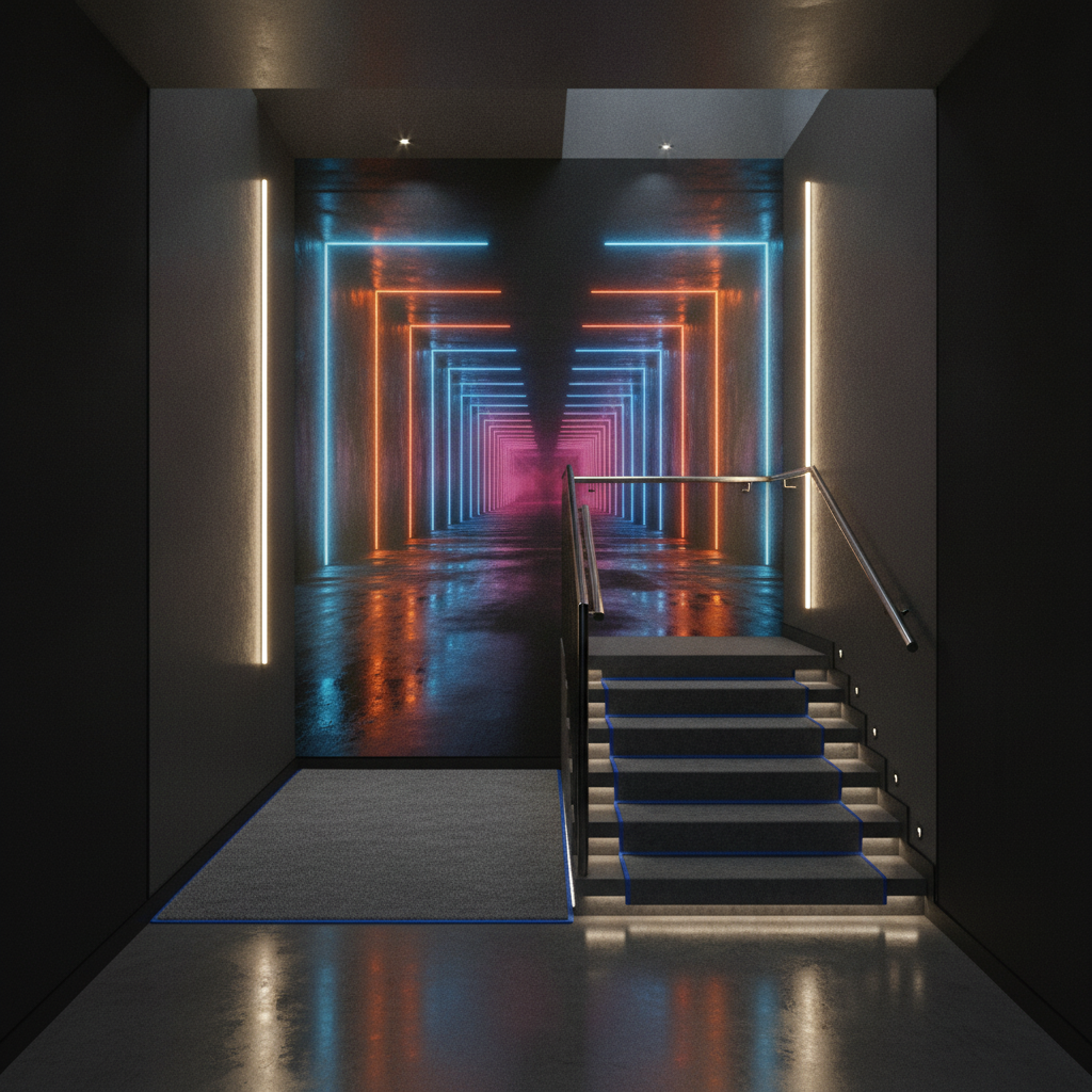 Tunnel Futuriste Néon Bleu Orange Ambiance Cyberpunk Moderne - Escalier