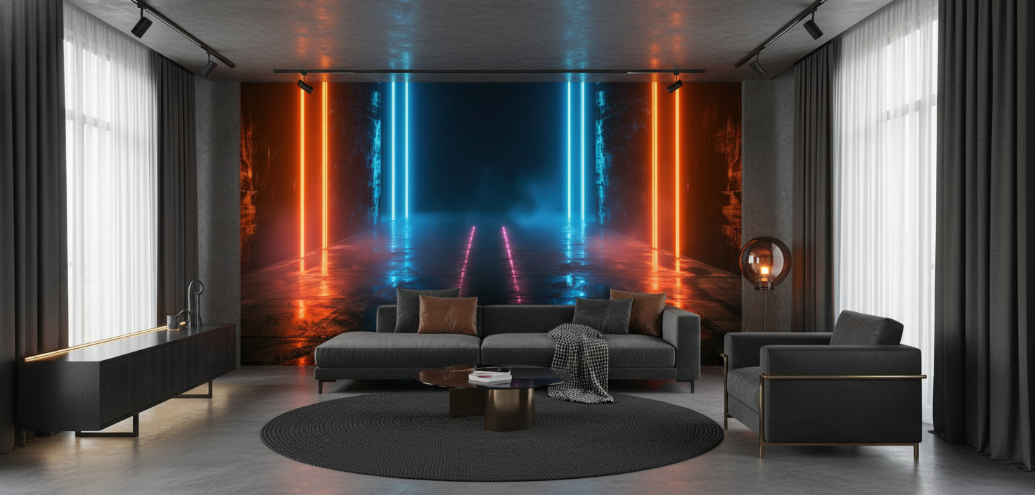 Tunnel Futuriste Néon Bleu Orange Ambiance Cyberpunk Moderne - Salon / Séjour