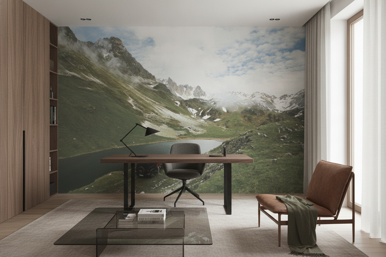 Vallée alpine avec lac et montagnes enneigées en toile de fond - Bureau
