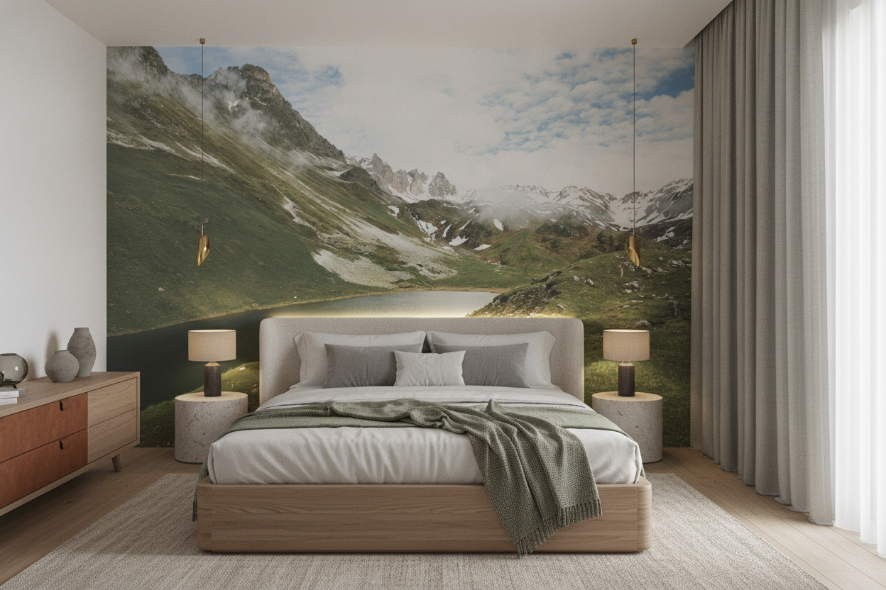 Vallée alpine avec lac et montagnes enneigées en toile de fond - Chambre adulte