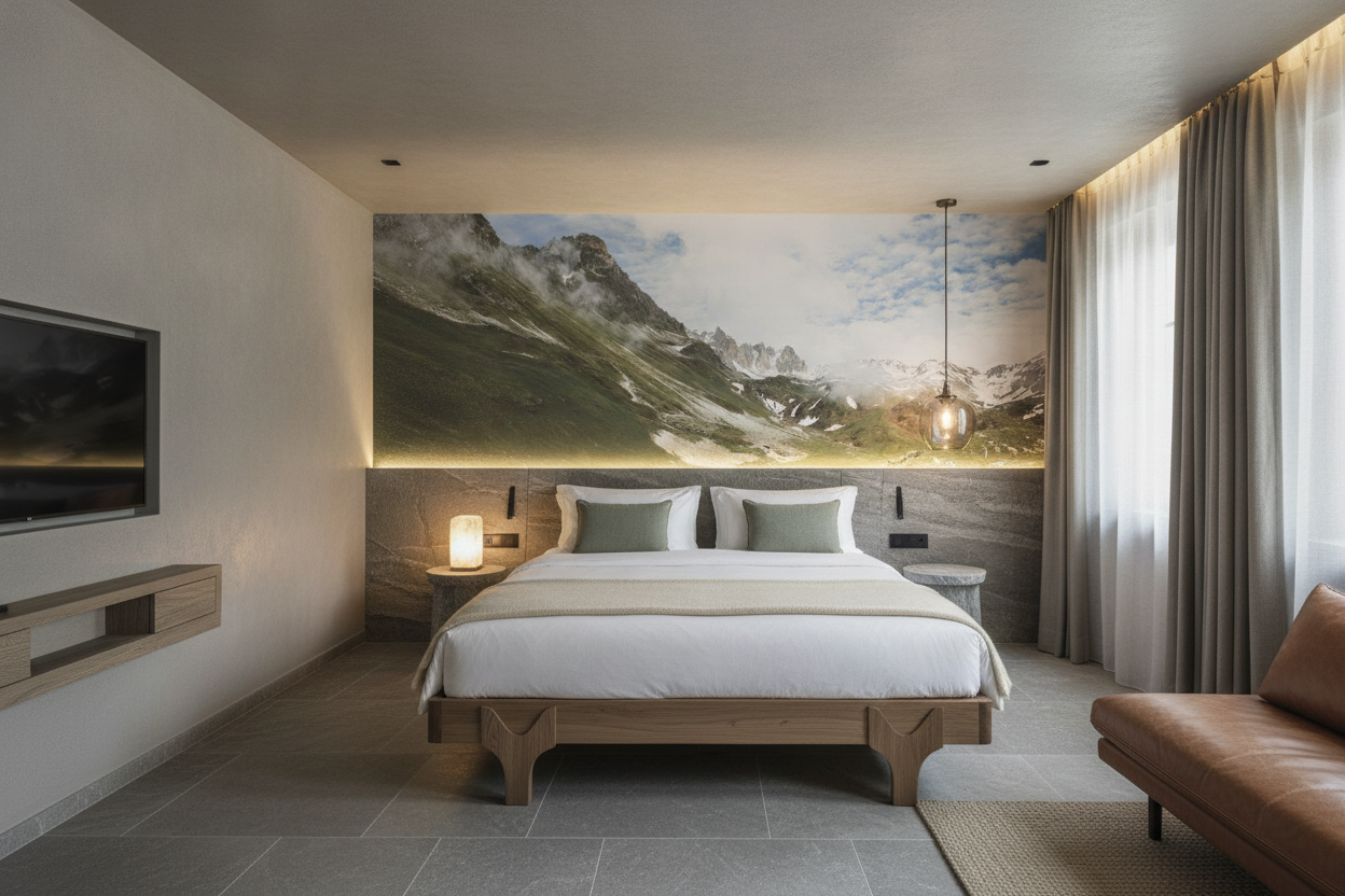 Vallée alpine avec lac et montagnes enneigées en toile de fond — Hôtel