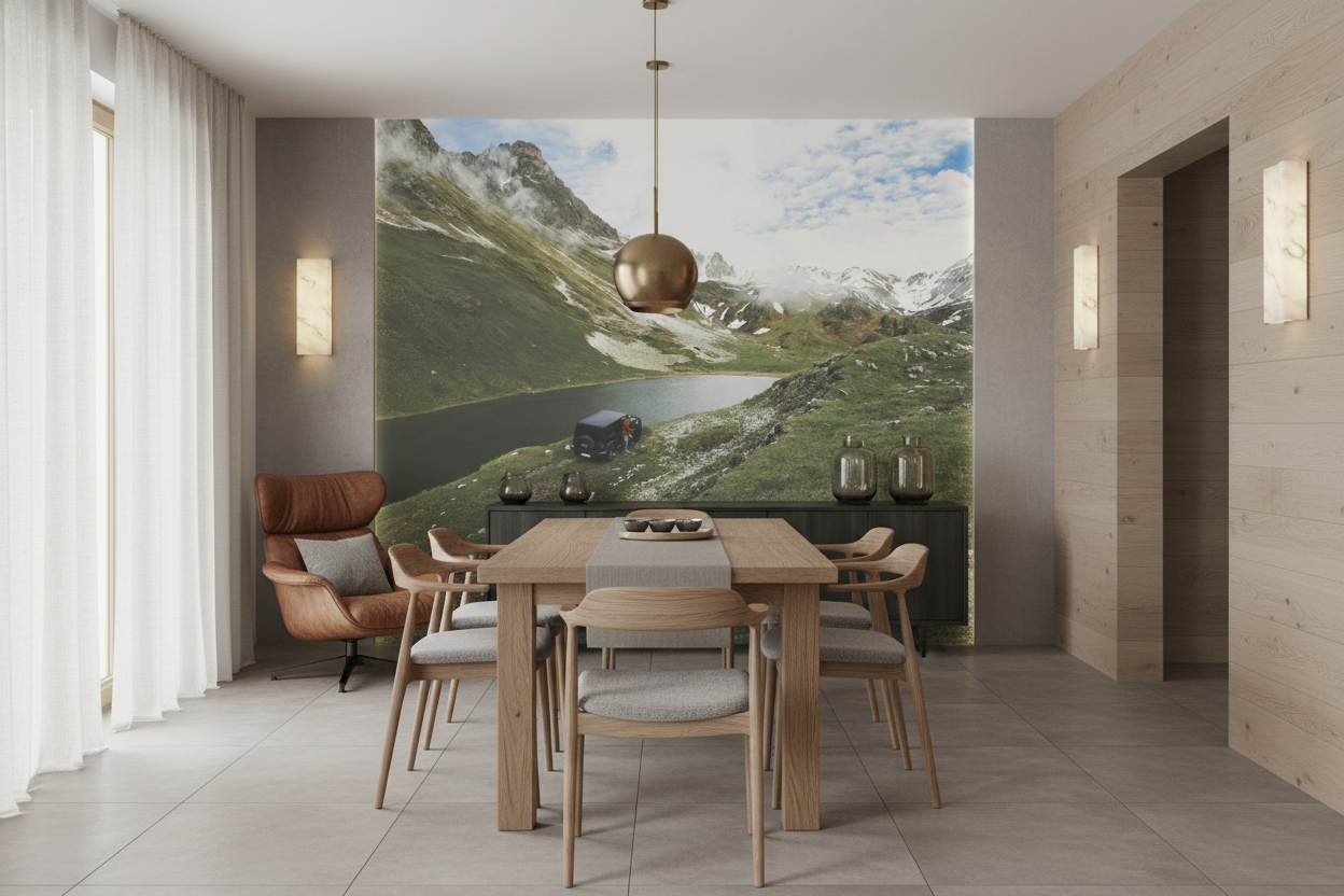 Vallée alpine avec lac et montagnes enneigées en toile de fond - Salle à manger