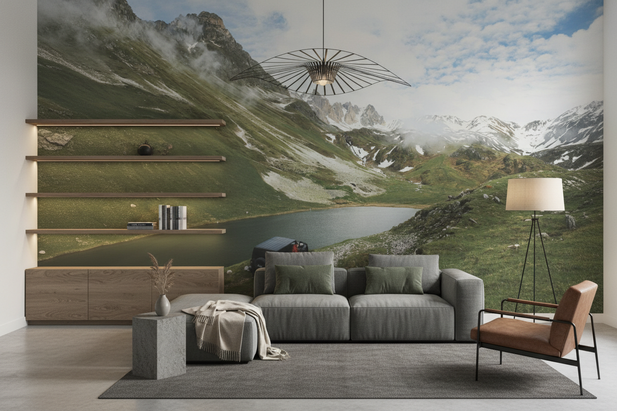 Vallée alpine avec lac et montagnes enneigées en toile de fond - Salon / Séjour