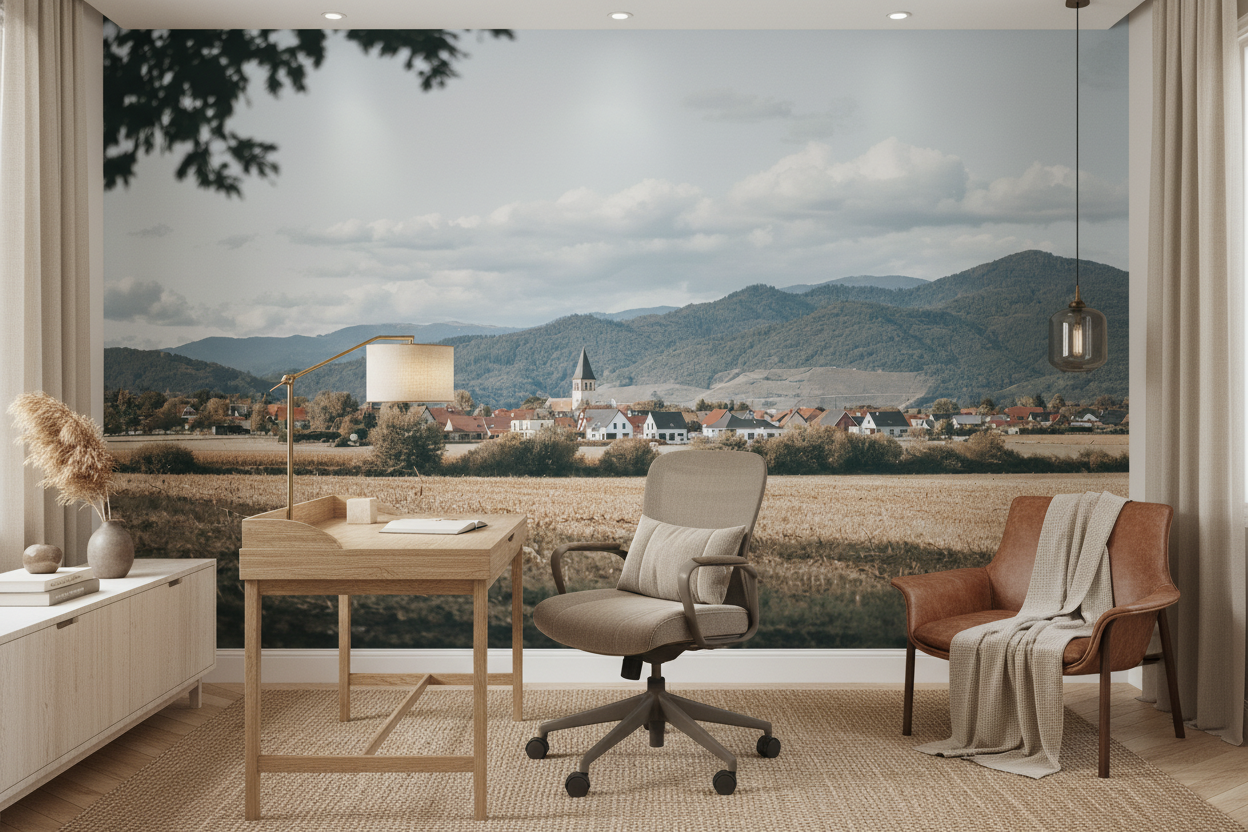 Village paisible dans la vallée montagneuse avec église - Bureau