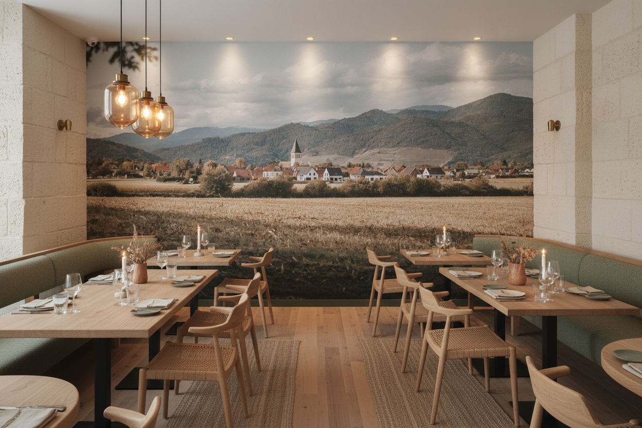 Village paisible dans la vallée montagneuse avec église — Restaurant