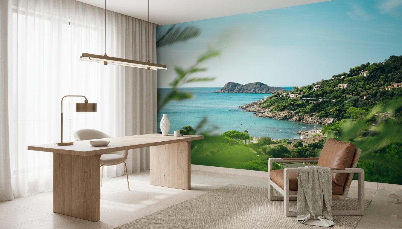 Vue panoramique côtière méditerranéenne avec maisons blanches et mer turquoise - Bureau