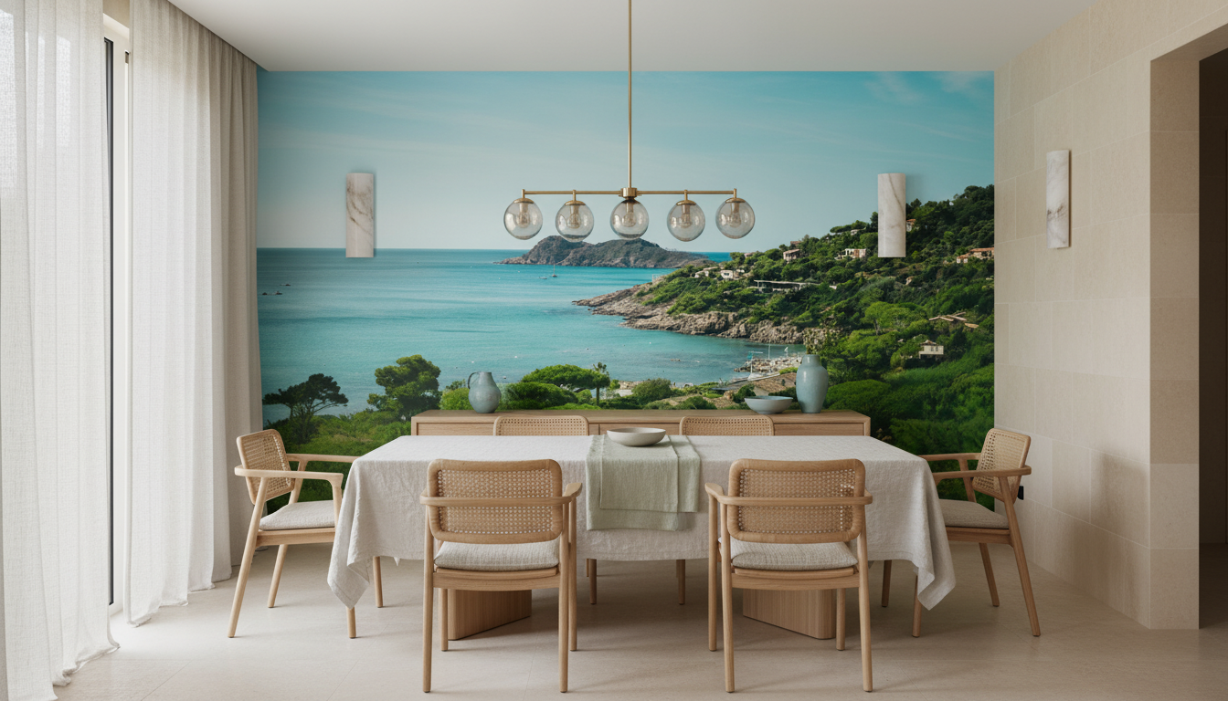 Vue panoramique côtière méditerranéenne avec maisons blanches et mer turquoise - Salle à manger